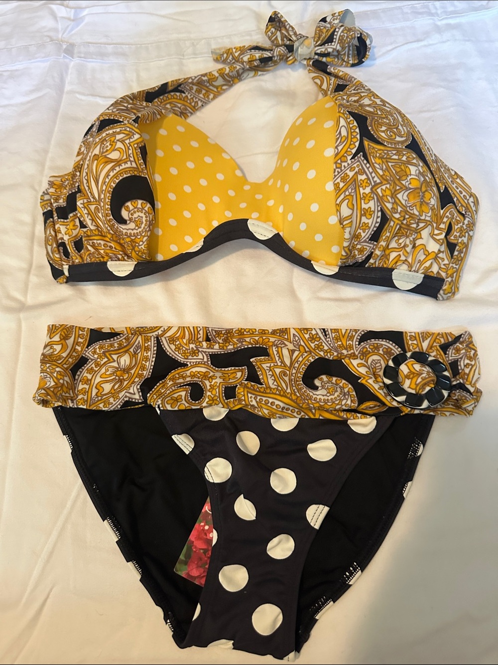 Yellow Paisley & Polka Dot Halter Bikini Set